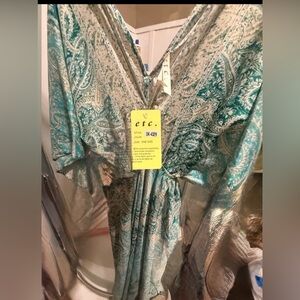 ETC Lazy Daisy Teal and White Paisley V-Neck Dress